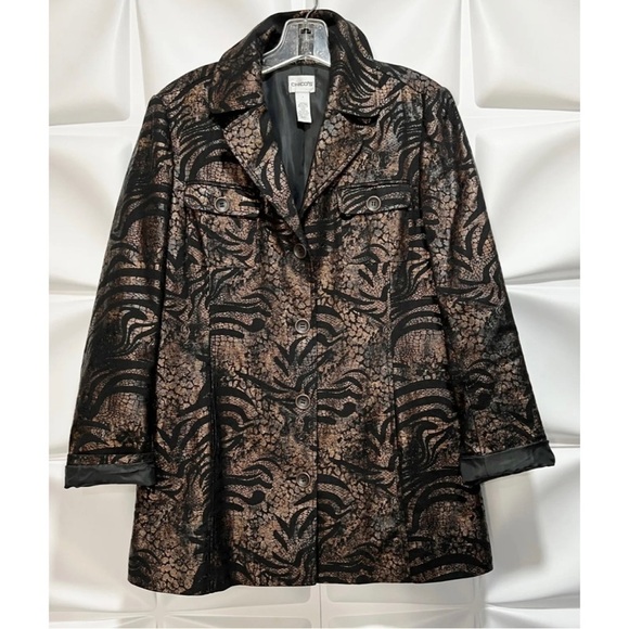 Chico's 1 Sz M Black Bronze Snakeskin Print Blazer Jacket Linen Rayon - Picture 1 of 7